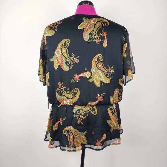Vince Camuto Asymmetric Blouse Top Paisley Cinch Waist Lined Rich Black Size 2X - Picture 2 of 16